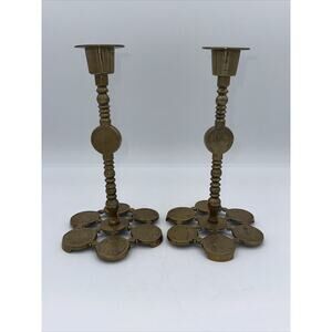 VTG BRASS CANDLE HOLDERS Set 2 ENGRAVED FLORALS. 8" CANDLESTICKS Mantle Decor
